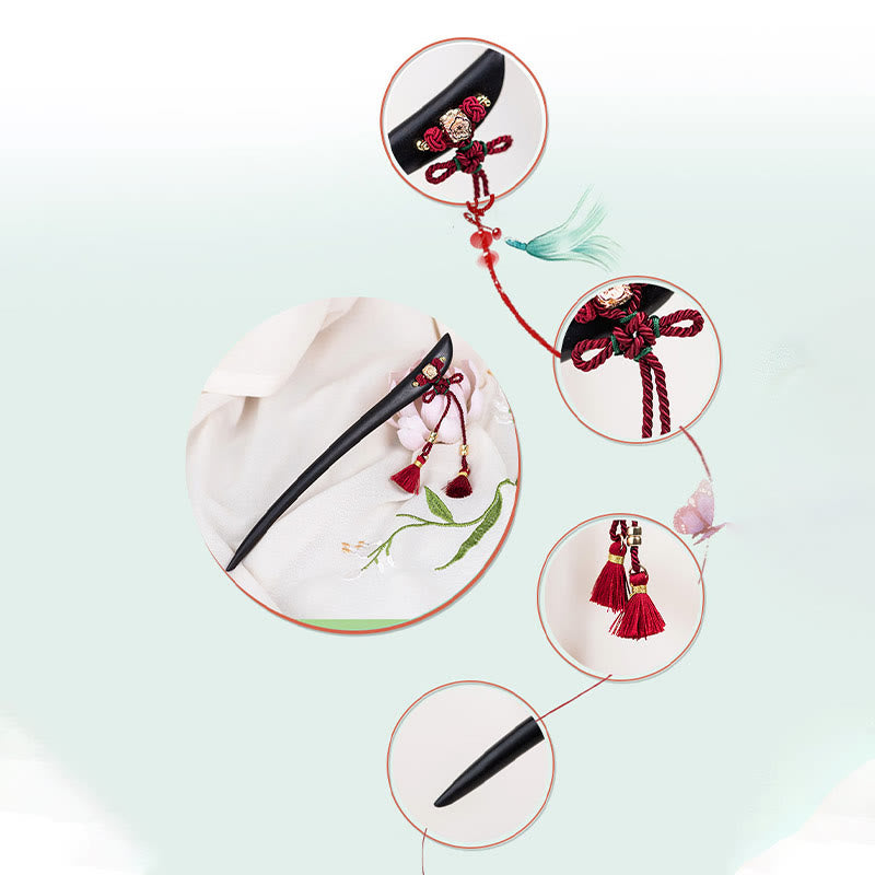 Ebony Red String Chinese Knot Tassel Protection Hairpin