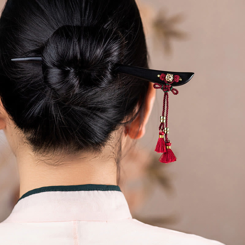 Ebony Red String Chinese Knot Tassel Protection Hairpin