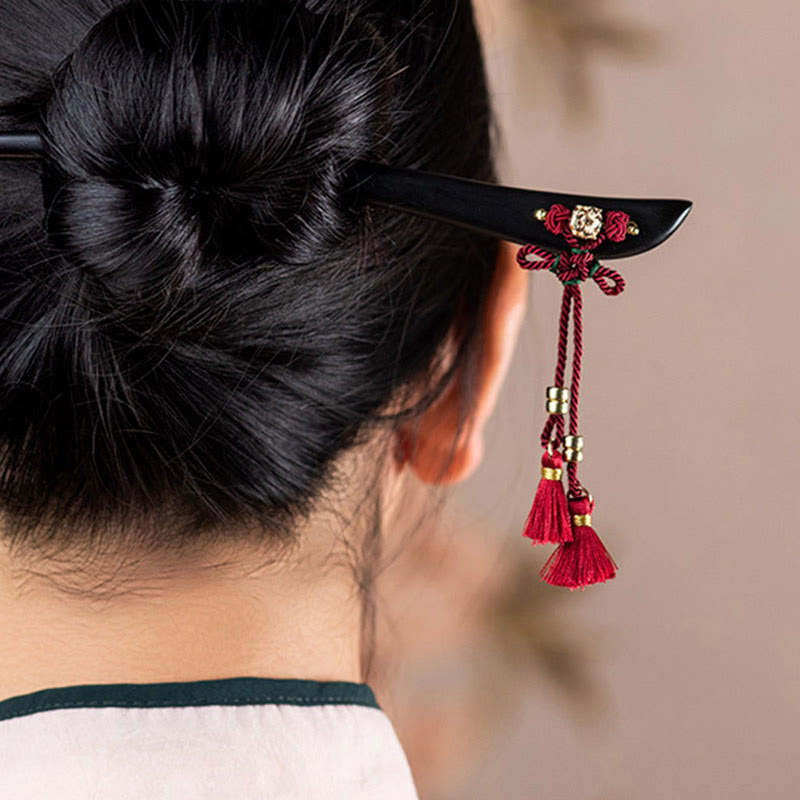 Ebony Red String Chinese Knot Tassel Protection Hairpin