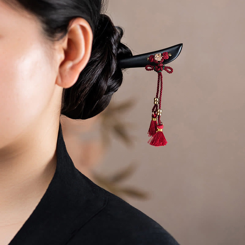 Ebony Red String Chinese Knot Tassel Protection Hairpin