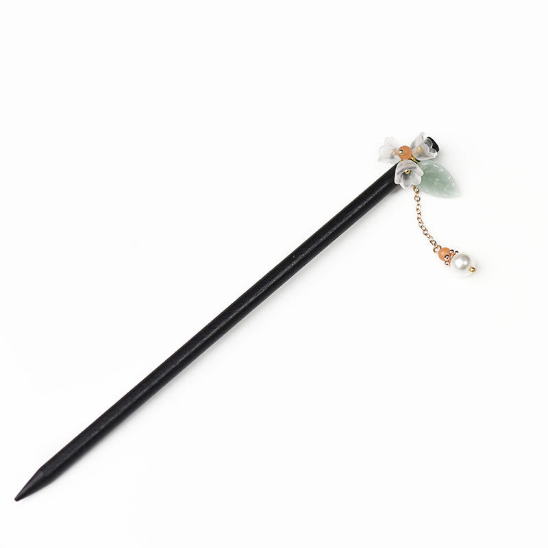 Handcrafted Ebony Wood and Liuli Lily of the Valley Floral Hairpin with Pearl