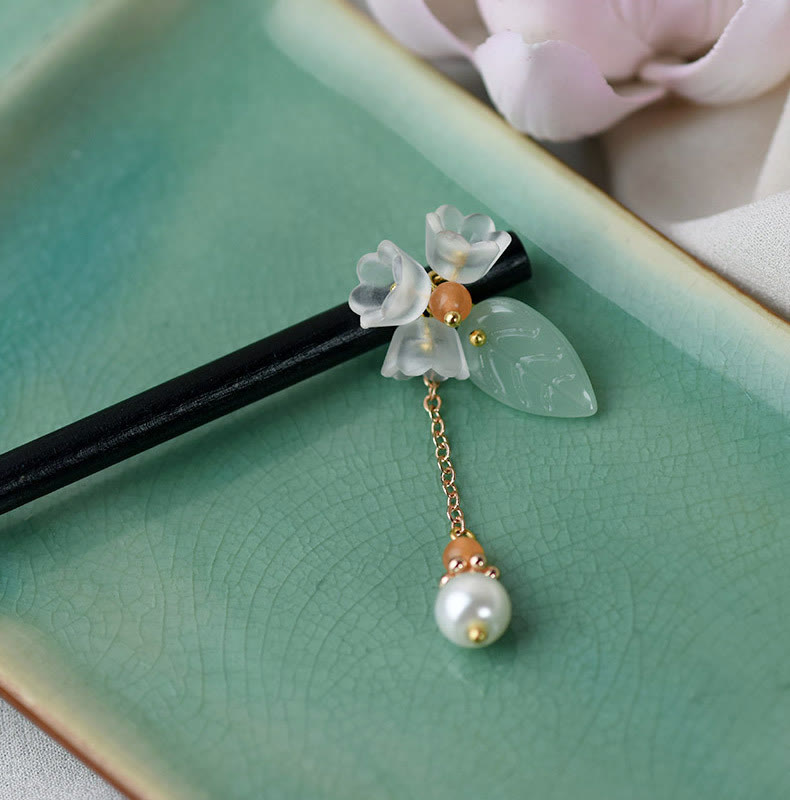 Handcrafted Ebony Wood and Liuli Lily of the Valley Floral Hairpin with Pearl