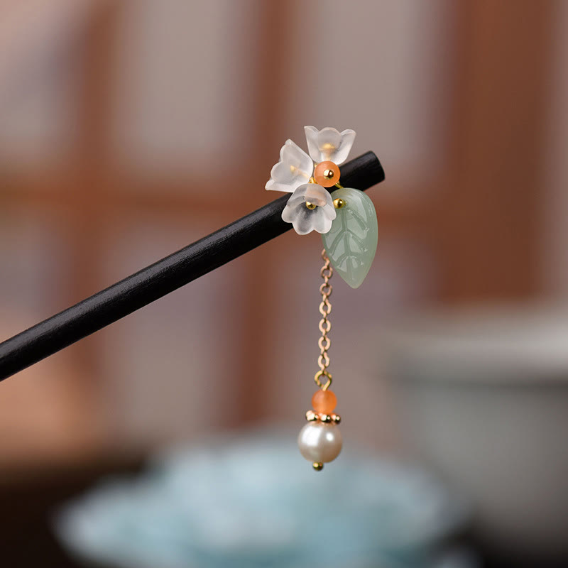 Handcrafted Ebony Wood and Liuli Lily of the Valley Floral Hairpin with Pearl
