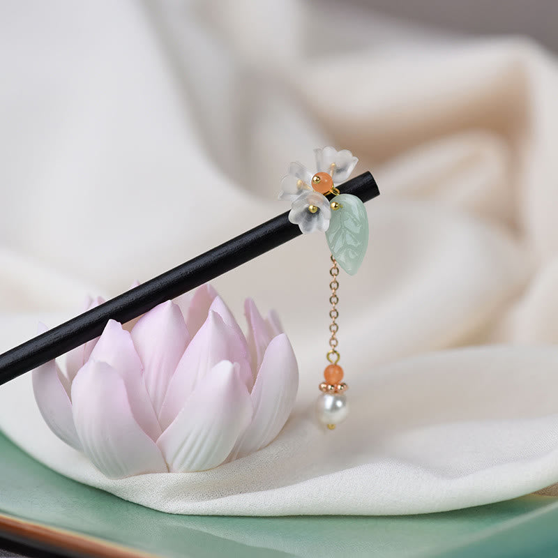 Handcrafted Ebony Wood and Liuli Lily of the Valley Floral Hairpin with Pearl
