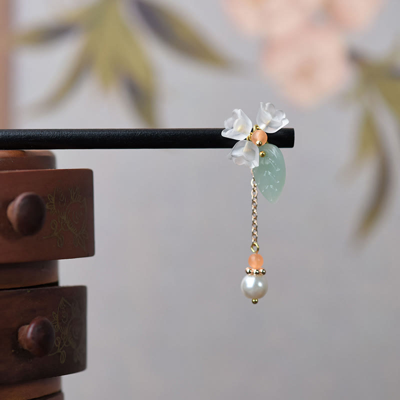 Handcrafted Ebony Wood and Liuli Lily of the Valley Floral Hairpin with Pearl