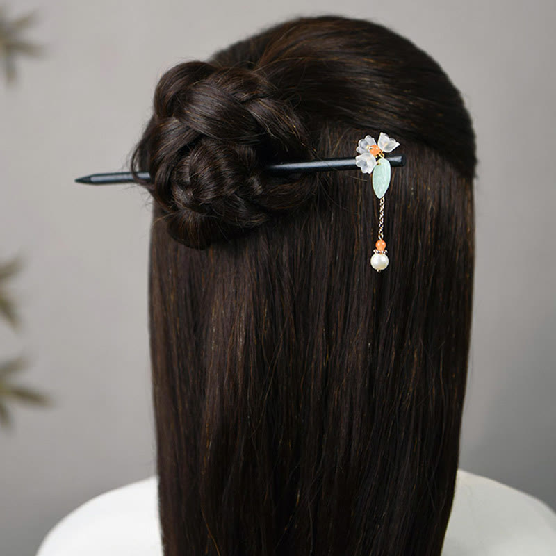 Handcrafted Ebony Wood and Liuli Lily of the Valley Floral Hairpin with Pearl