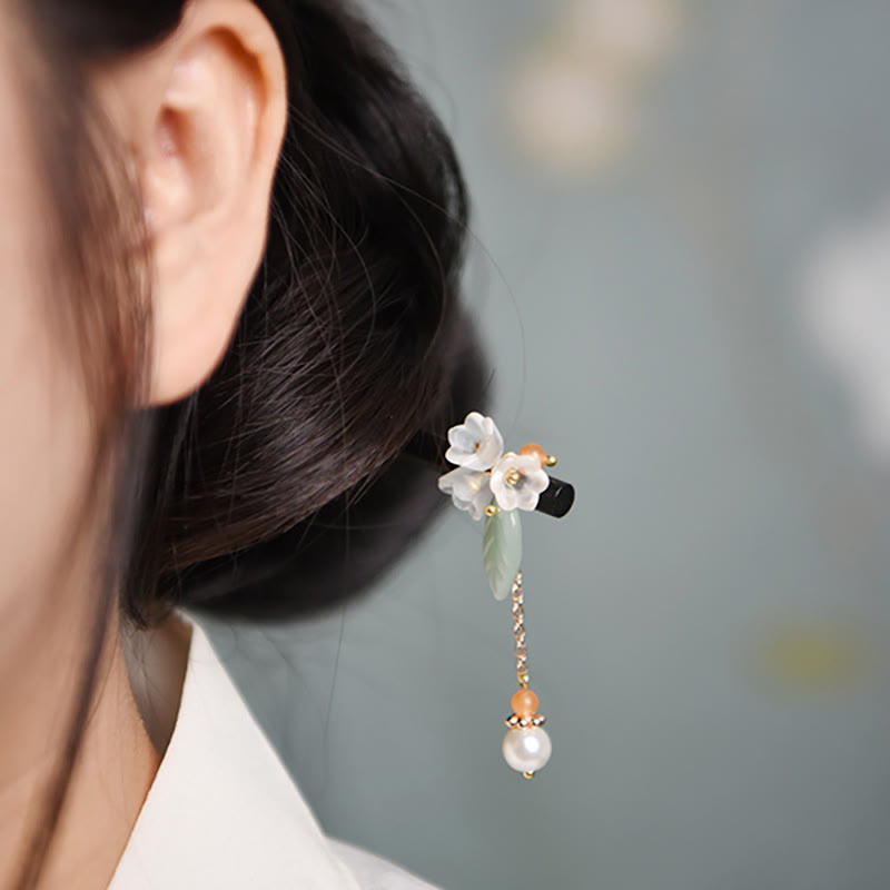 Handcrafted Ebony Wood and Liuli Lily of the Valley Floral Hairpin with Pearl