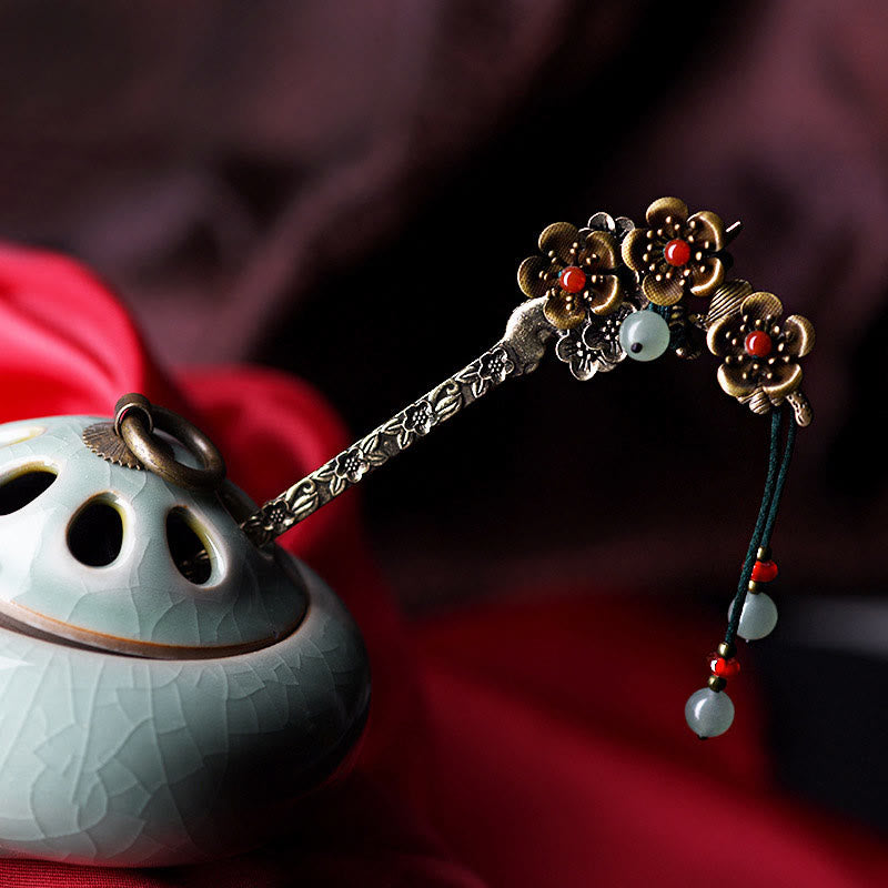 Red Agate and Green Aventurine Flower Alloy Hairpin