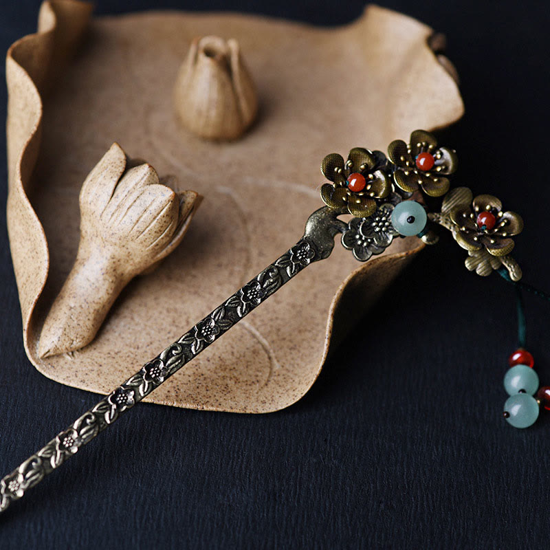 Red Agate and Green Aventurine Flower Alloy Hairpin