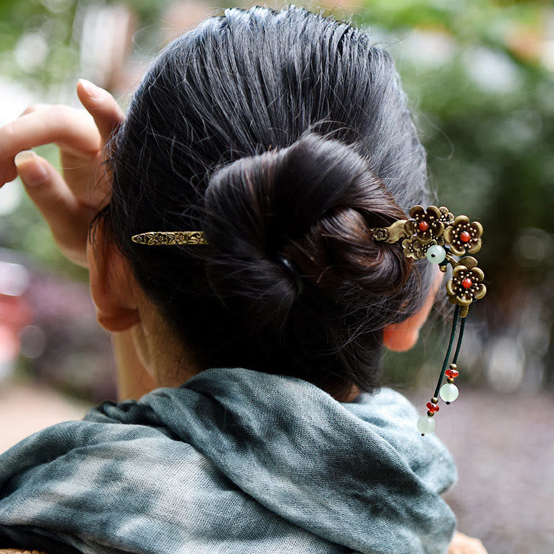 Red Agate and Green Aventurine Flower Alloy Hairpin