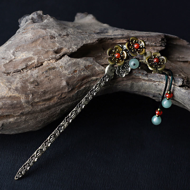 Red Agate and Green Aventurine Flower Alloy Hairpin