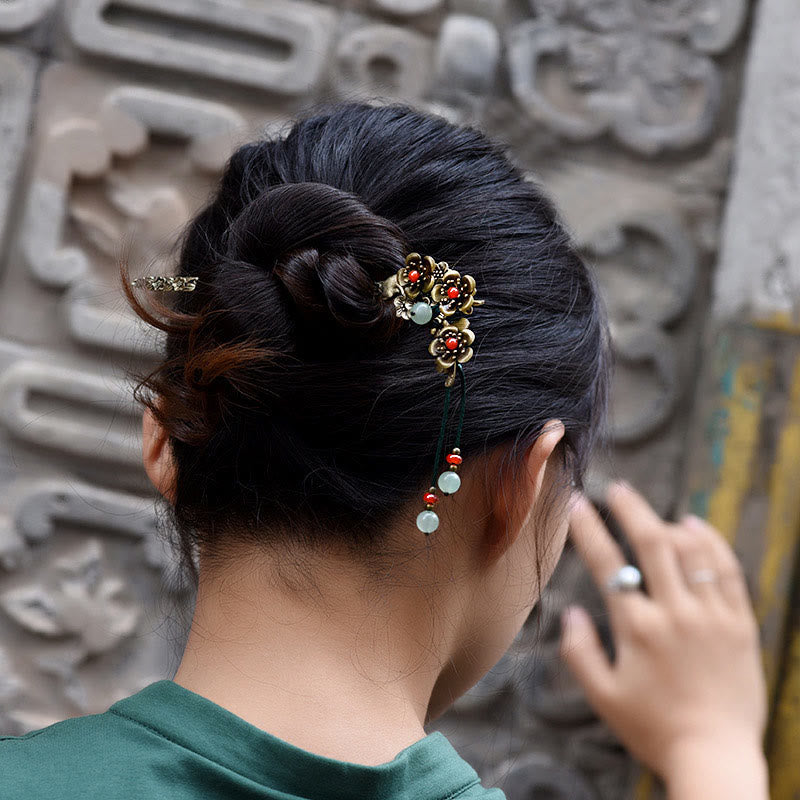 Red Agate and Green Aventurine Flower Alloy Hairpin