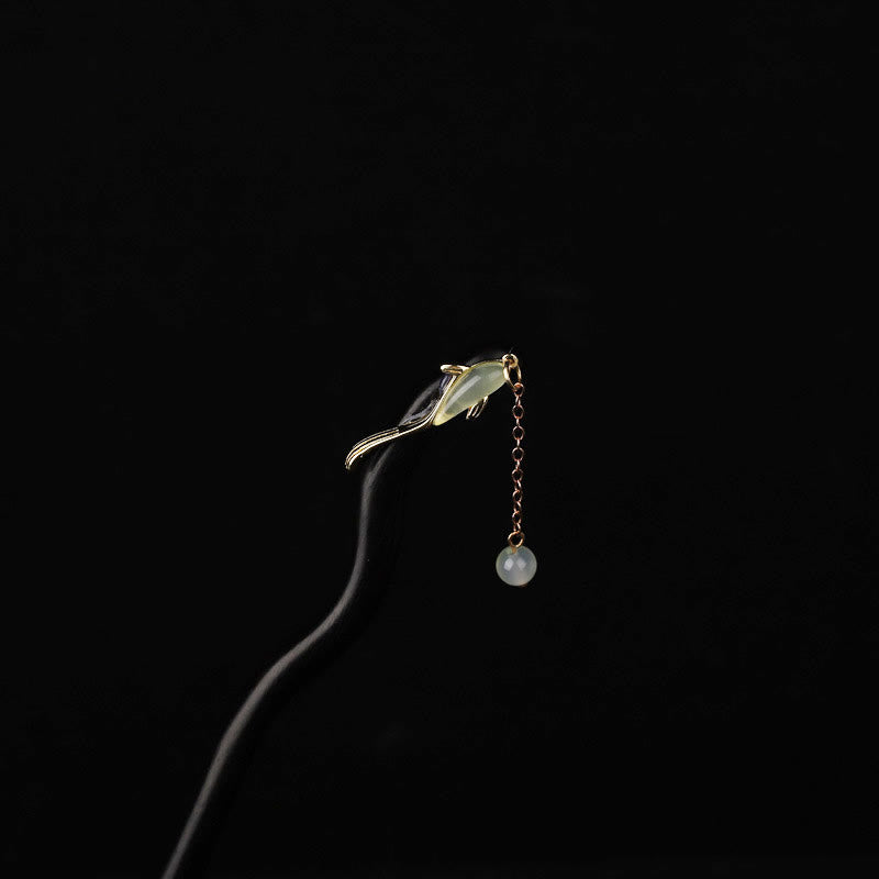 Ebony Hetian Jade Fish Blessing Hairpin