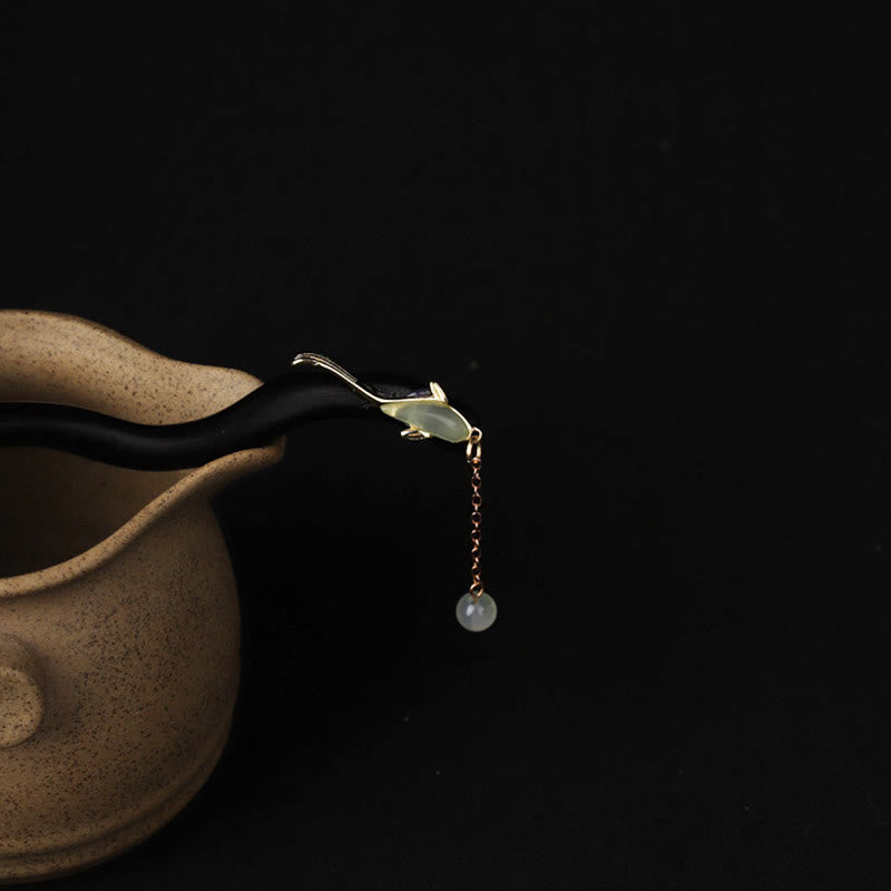 Ebony Hetian Jade Fish Blessing Hairpin