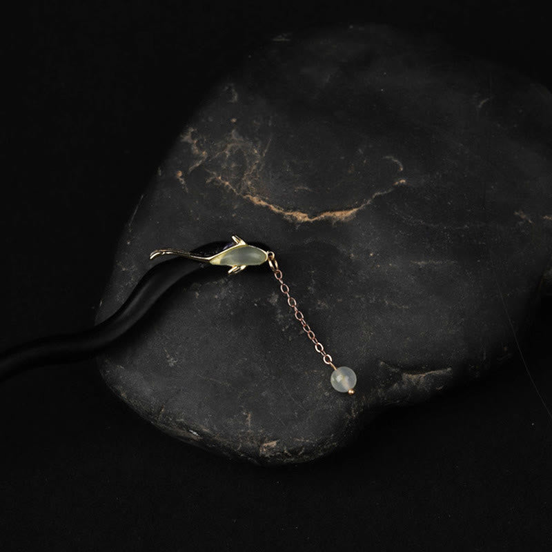 Ebony Hetian Jade Fish Blessing Hairpin