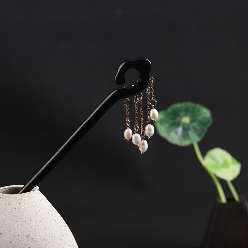 Ebony Auspicious Cloud Pearl Tassel Protection Hairpin