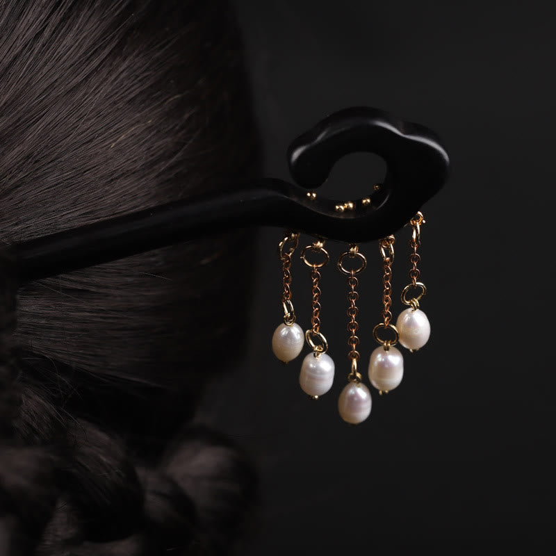 Ebony Auspicious Cloud Pearl Tassel Protection Hairpin