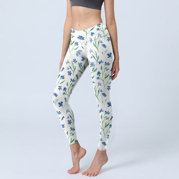 White Flowers Leaf Pattern Print Gym Leggings Women's Yoga Pants