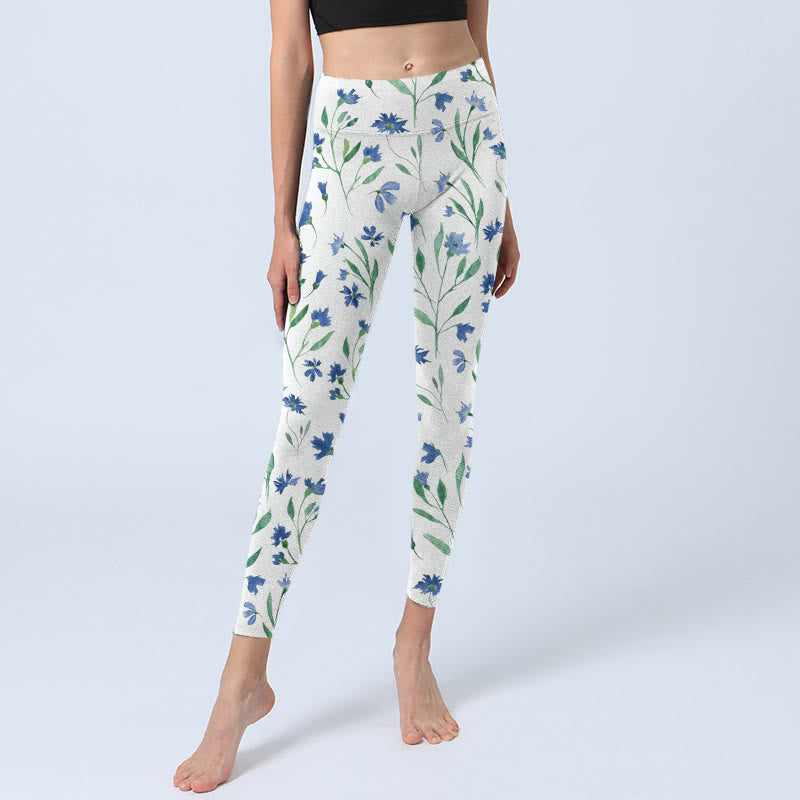 White Flowers Leaf Pattern Print Gym Leggings Women's Yoga Pants