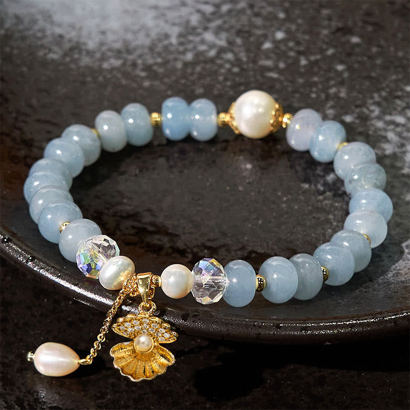 Natural Aquamarine Pearl and Seashell Beaded Energy Tool Bracelet