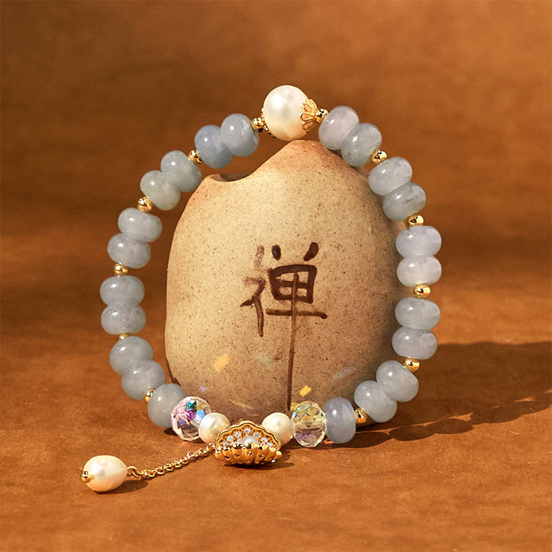 Natural Aquamarine Pearl and Seashell Beaded Energy Tool Bracelet
