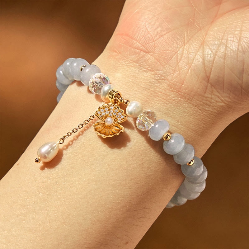 Natural Aquamarine Pearl and Seashell Beaded Energy Tool Bracelet