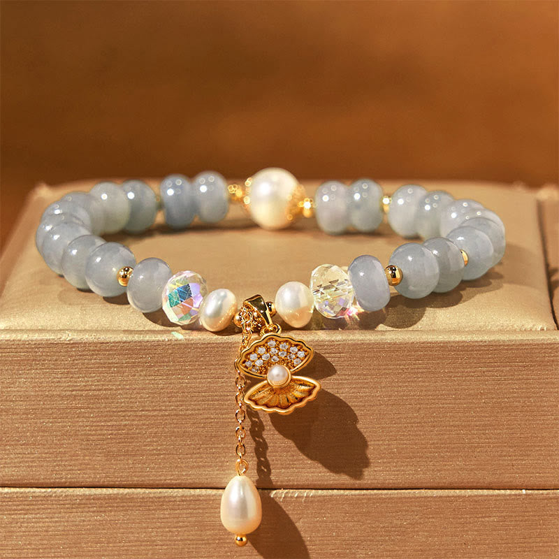 Natural Aquamarine Bead Bracelet with Seashell and Pearl Accents