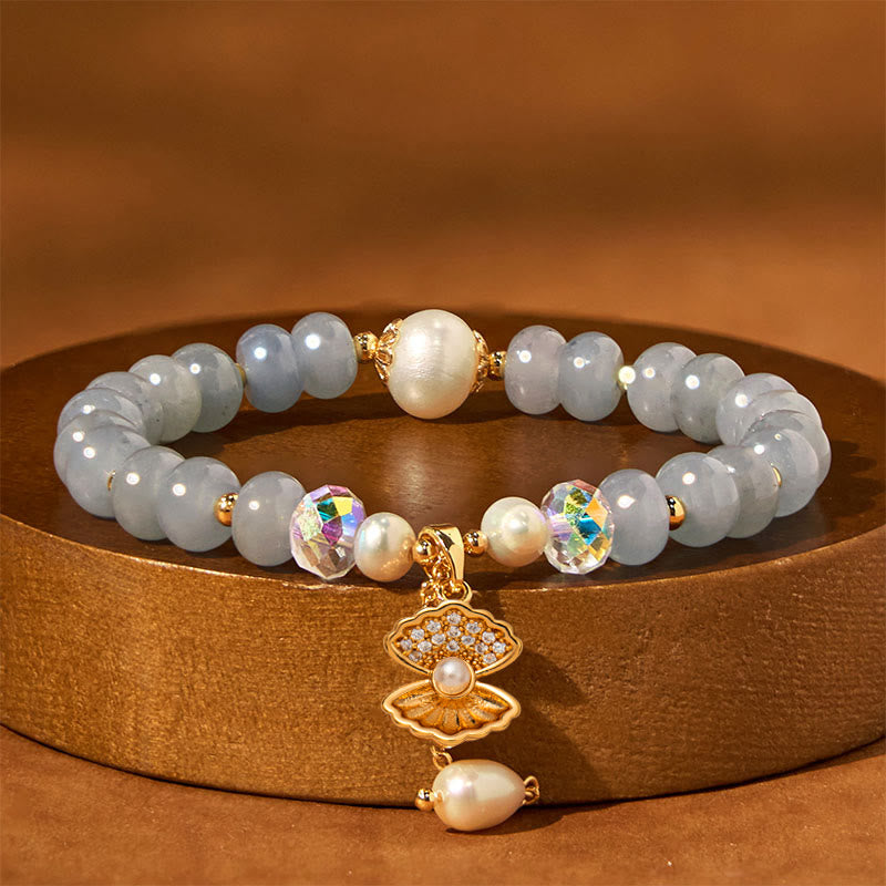 Natural Aquamarine Bead Bracelet with Seashell and Pearl Accents