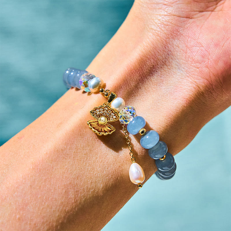 Natural Aquamarine Bead Bracelet with Seashell and Pearl Accents