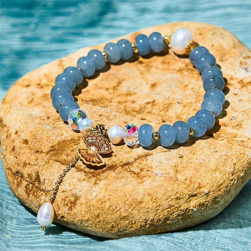Natural Aquamarine Bead Bracelet with Seashell and Pearl Accents