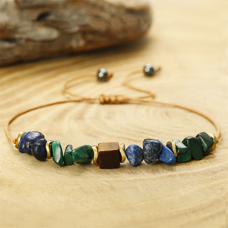 Adjustable Malachite Lapis Lazuli & Tiger Eye Copper Braided Bracelet