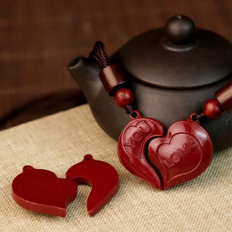 2Pcs LOVE YOU Natural Cinnabar Love Heart String Blessing Couple Necklace Pendant
