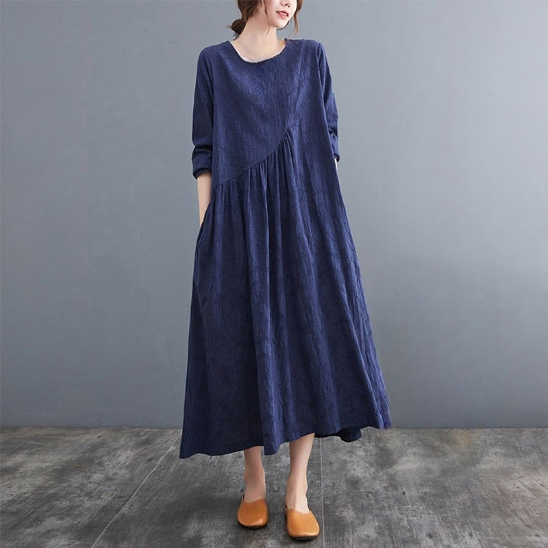 Smiple Jacquard Pattern Long Sleeve Cotton Linen Women's Midi Dress With Pockets