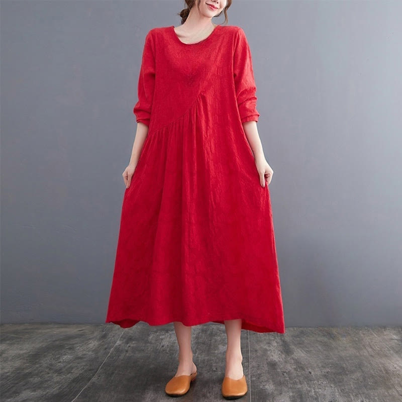 Smiple Jacquard Pattern Long Sleeve Cotton Linen Women's Midi Dress With Pockets