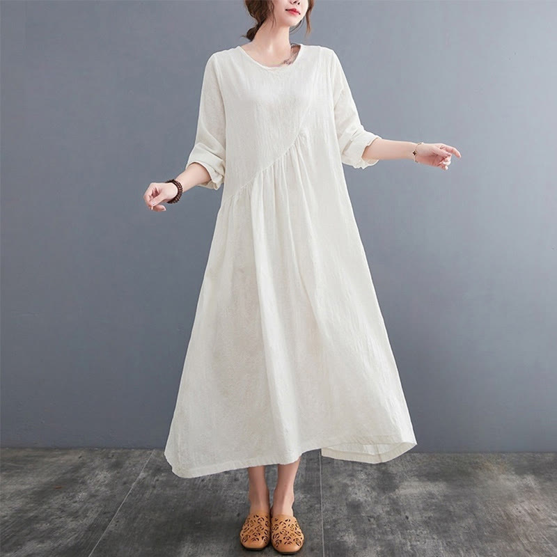Smiple Jacquard Pattern Long Sleeve Cotton Linen Women's Midi Dress With Pockets