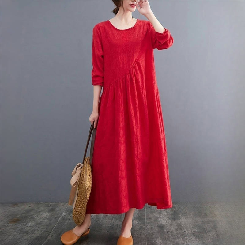 Smiple Jacquard Pattern Long Sleeve Cotton Linen Women's Midi Dress With Pockets