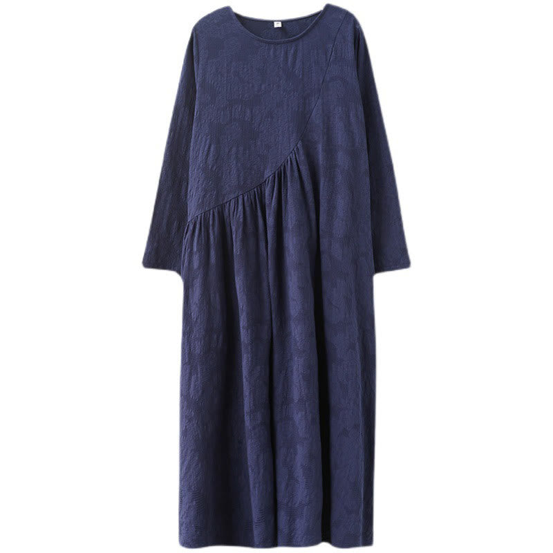 Smiple Jacquard Pattern Long Sleeve Cotton Linen Women's Midi Dress With Pockets