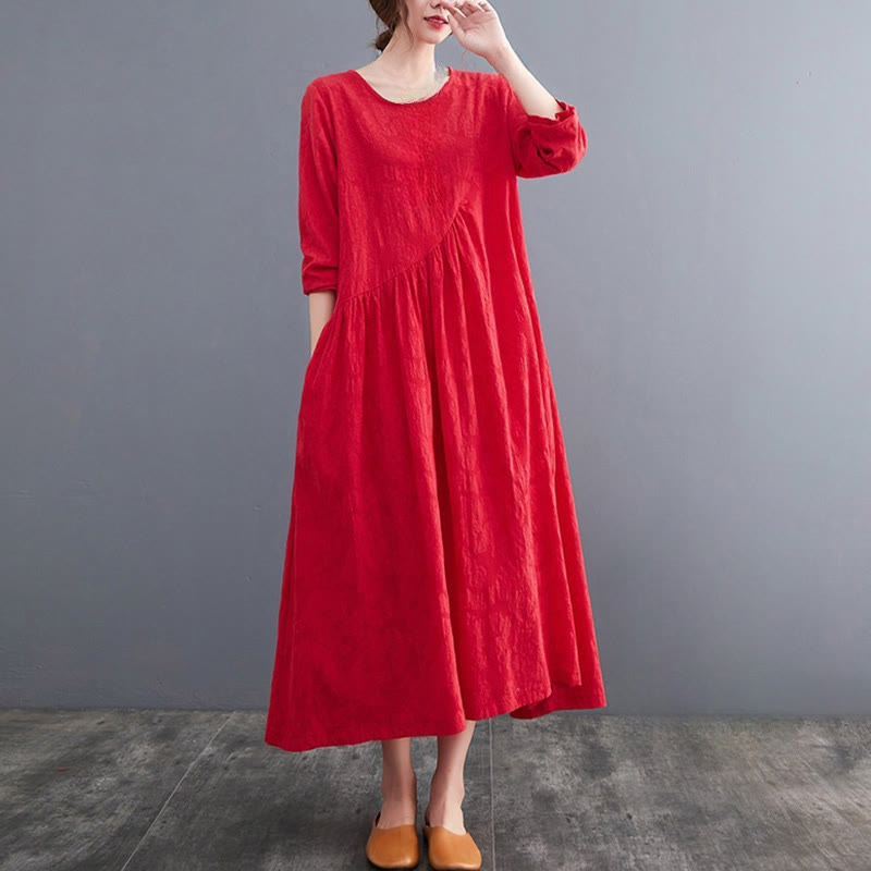 Smiple Jacquard Pattern Long Sleeve Cotton Linen Women's Midi Dress With Pockets