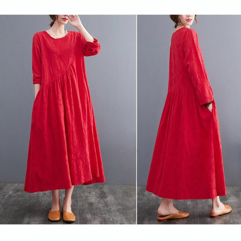 Smiple Jacquard Pattern Long Sleeve Cotton Linen Women's Midi Dress With Pockets