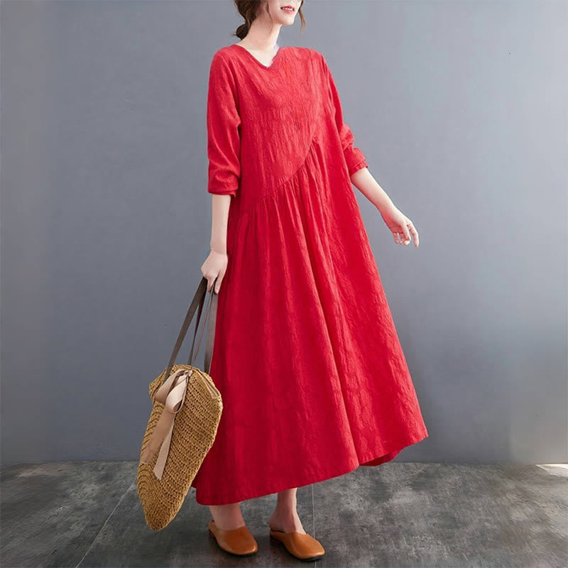 Smiple Jacquard Pattern Long Sleeve Cotton Linen Women's Midi Dress With Pockets