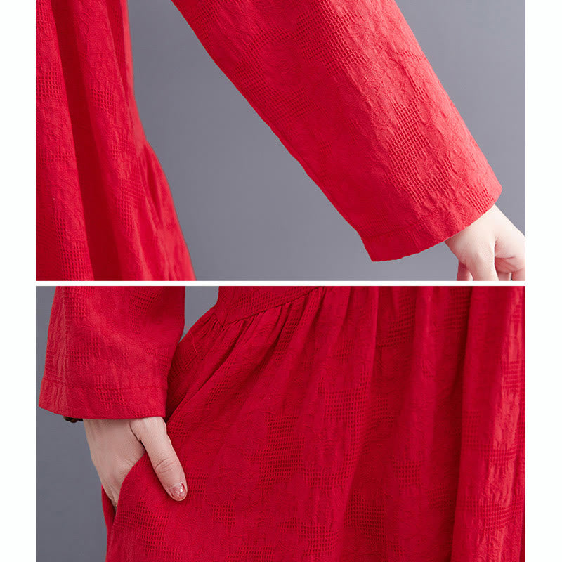 Smiple Jacquard Pattern Long Sleeve Cotton Linen Women's Midi Dress With Pockets