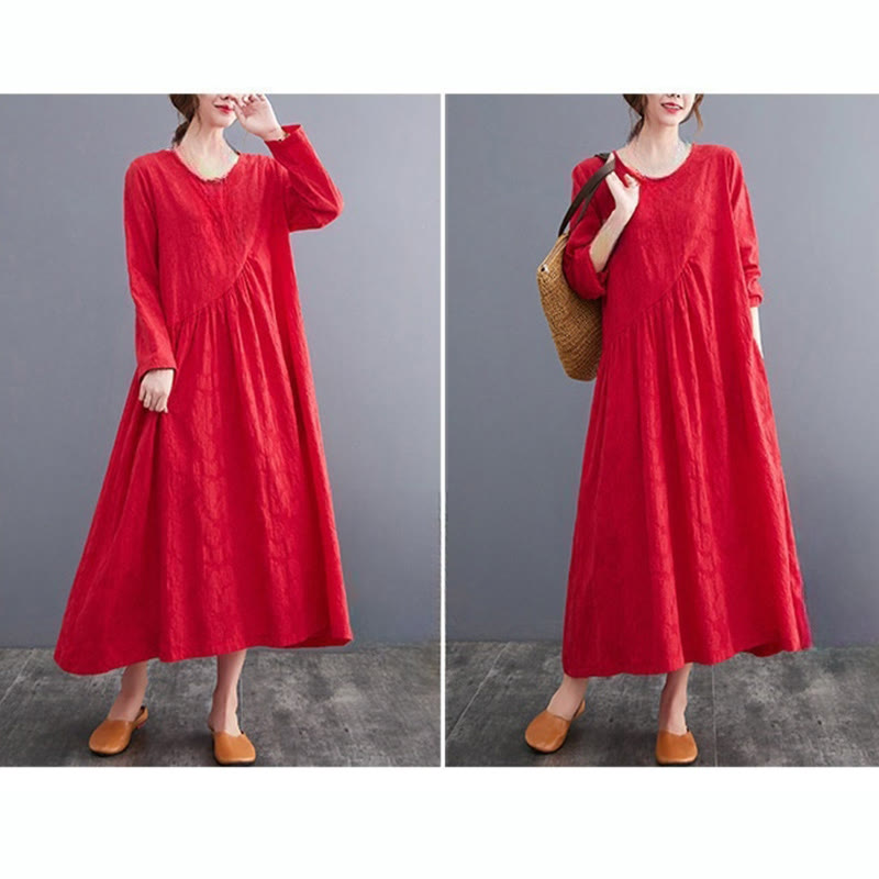 Smiple Jacquard Pattern Long Sleeve Cotton Linen Women's Midi Dress With Pockets
