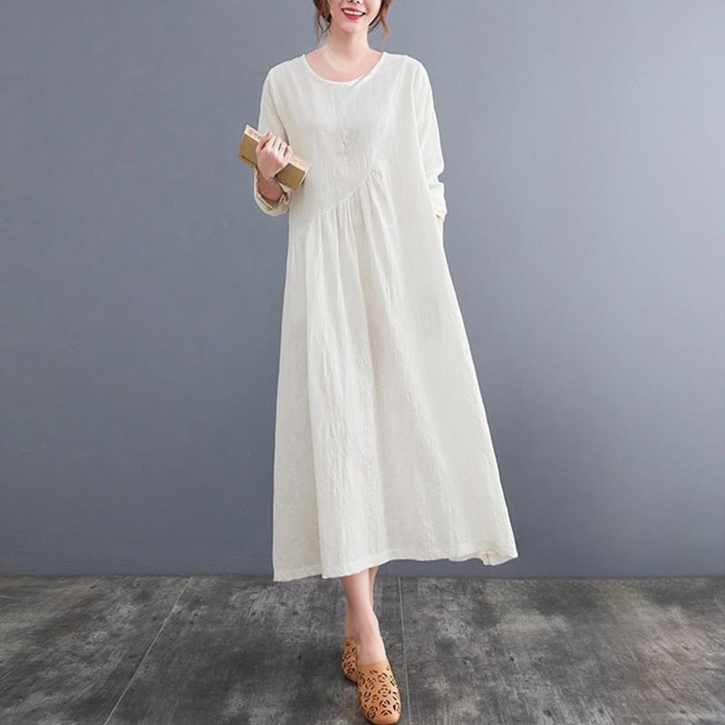 Smiple Jacquard Pattern Long Sleeve Cotton Linen Women's Midi Dress With Pockets