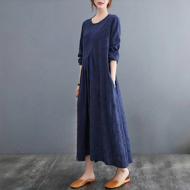 Smiple Jacquard Pattern Long Sleeve Cotton Linen Women's Midi Dress With Pockets