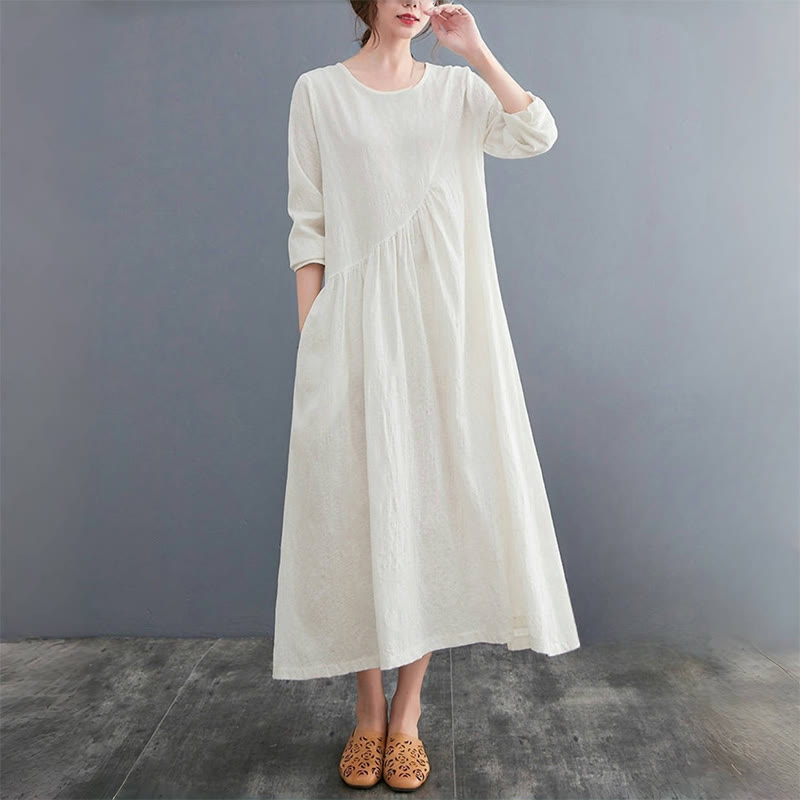 Smiple Jacquard Pattern Long Sleeve Cotton Linen Women's Midi Dress With Pockets