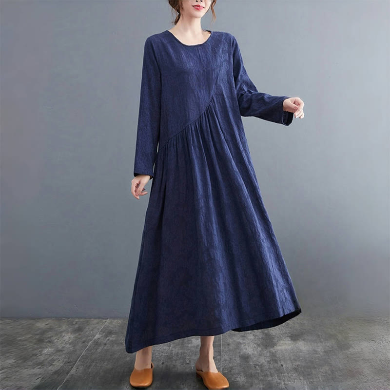 Smiple Jacquard Pattern Long Sleeve Cotton Linen Women's Midi Dress With Pockets