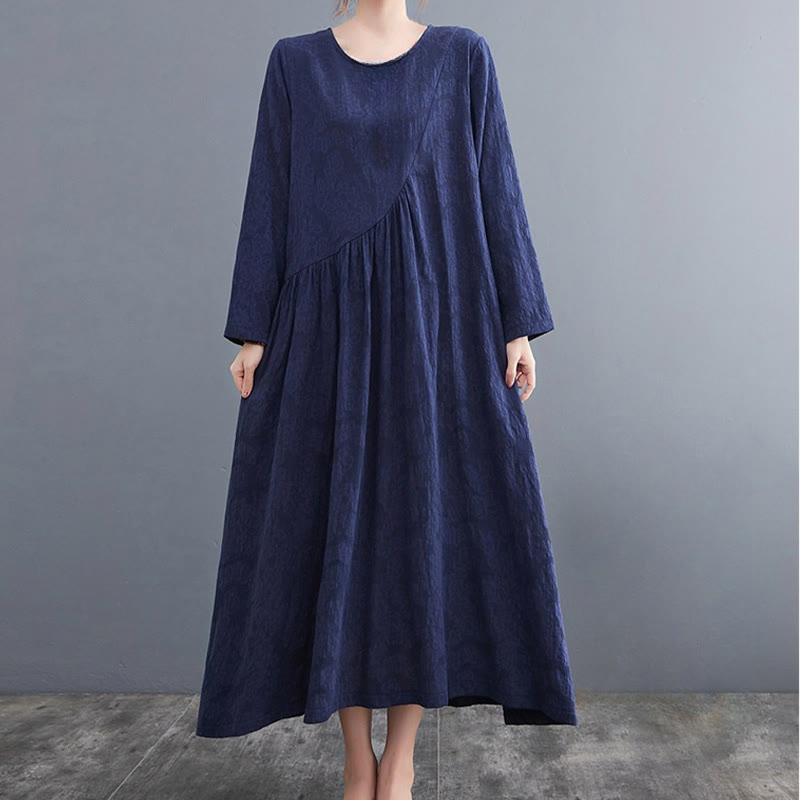 Smiple Jacquard Pattern Long Sleeve Cotton Linen Women's Midi Dress With Pockets