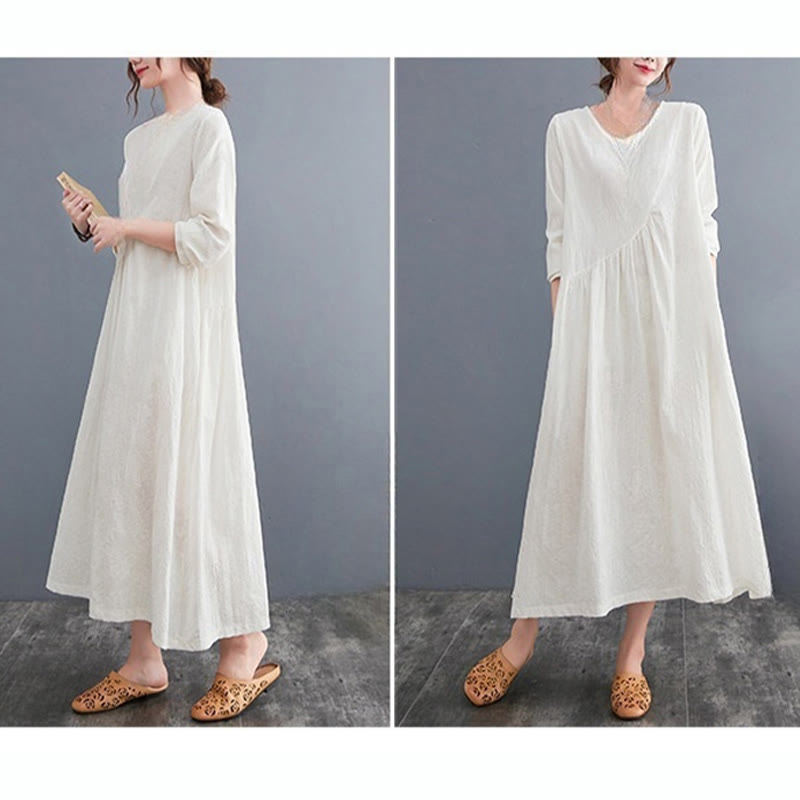 Smiple Jacquard Pattern Long Sleeve Cotton Linen Women's Midi Dress With Pockets