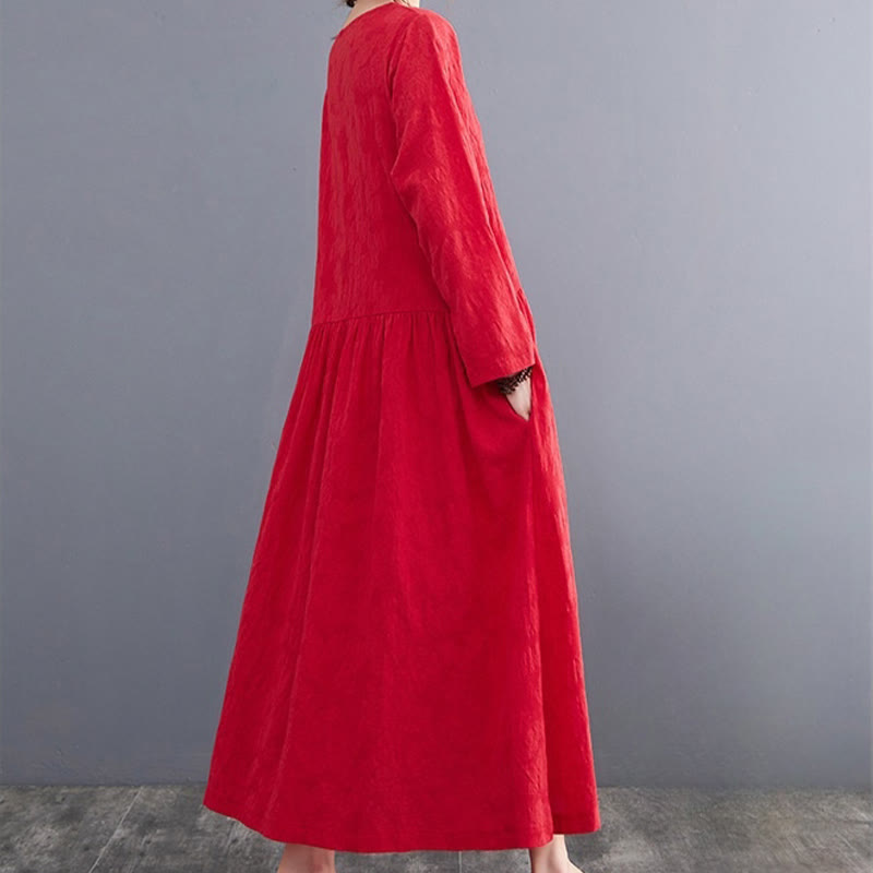 Smiple Jacquard Pattern Long Sleeve Cotton Linen Women's Midi Dress With Pockets