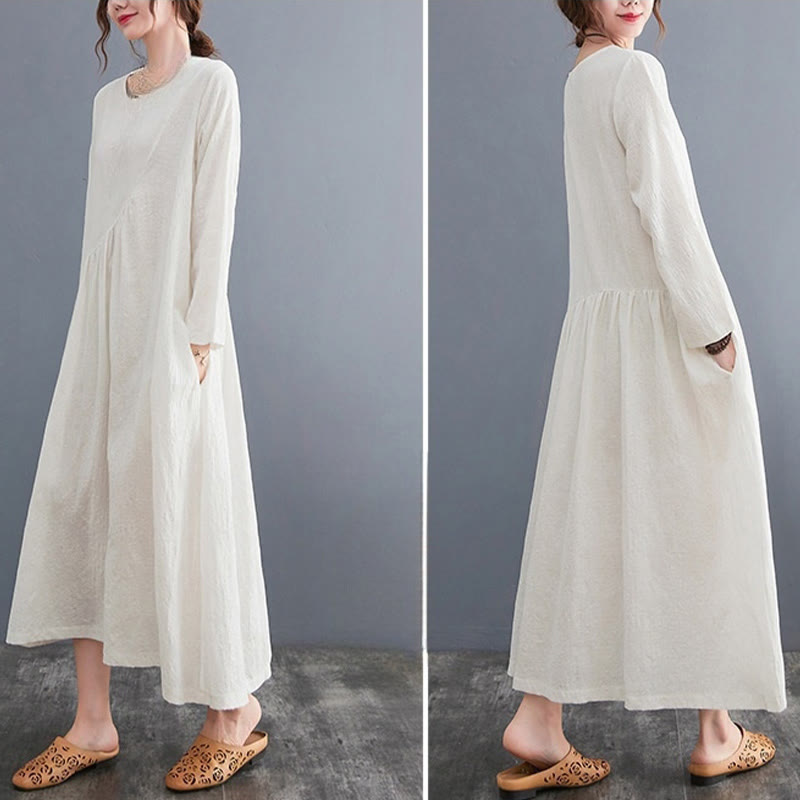 Smiple Jacquard Pattern Long Sleeve Cotton Linen Women's Midi Dress With Pockets